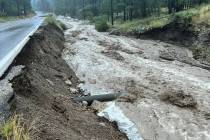 Flood damage in Mount Charleston following tropical storm Hilary on Monday, Aug. 21, 2023. (Mou ...