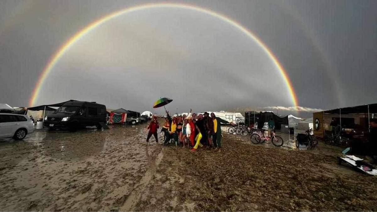 This photo from Burning Man attendee Becky Steele, 33, of California, shows a rainbow over the ...