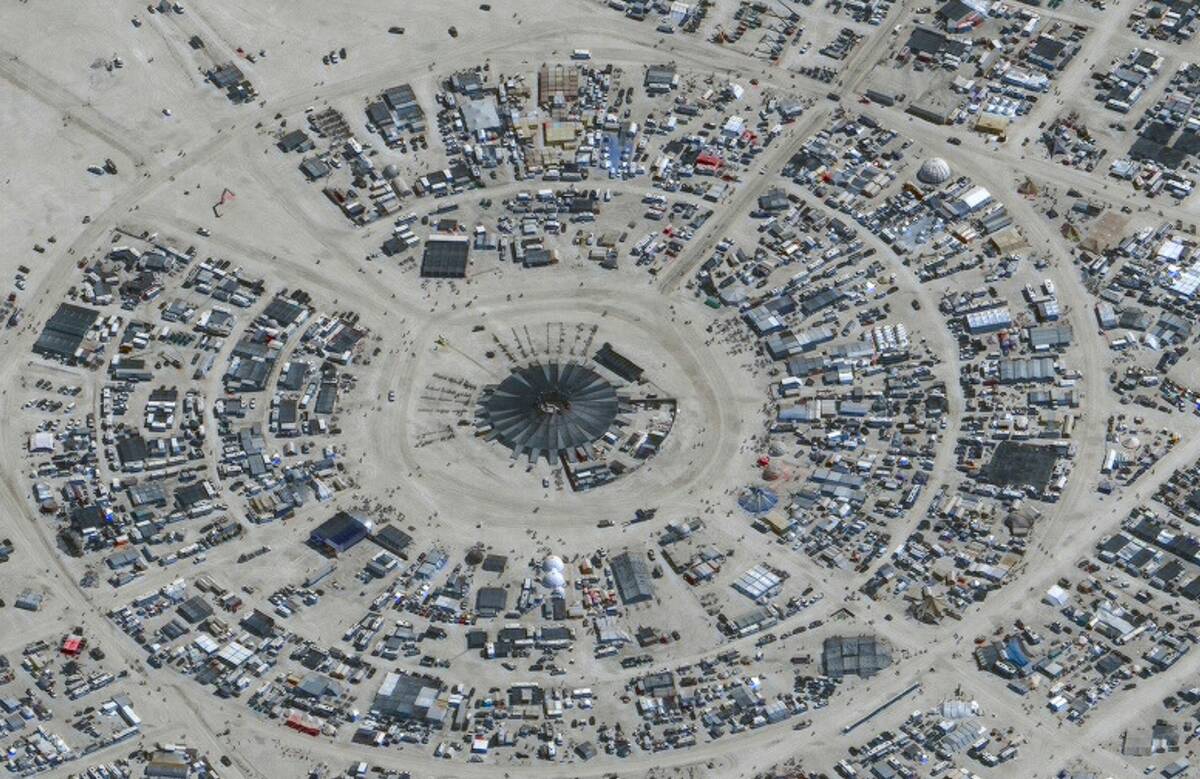 An overview of Burning Man festival in Black Rock on Monday, Aug. 28, 2023. (©2023 Maxar Tech ...