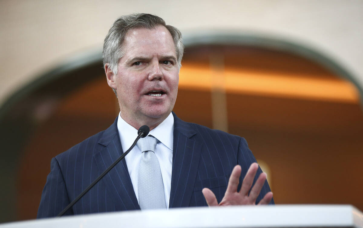 FILE - Jim Murren, MGM Resorts CEO and chairman, speaks during the ribbon cutting ceremony for ...