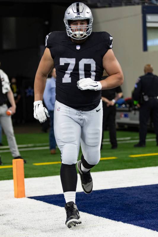 Las Vegas Raiders guard Greg Van Roten (70) is seen during warm ups before an NFL preseason foo ...