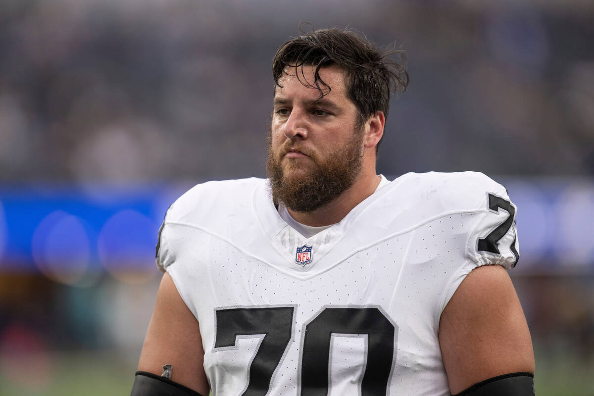 Las Vegas Raiders guard Greg Van Roten (70) walks back to the locker room before an NFL preseas ...