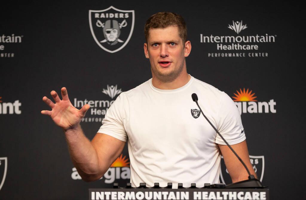 Raiders defensive end Carl Nassib answers a question during a news conference following their N ...