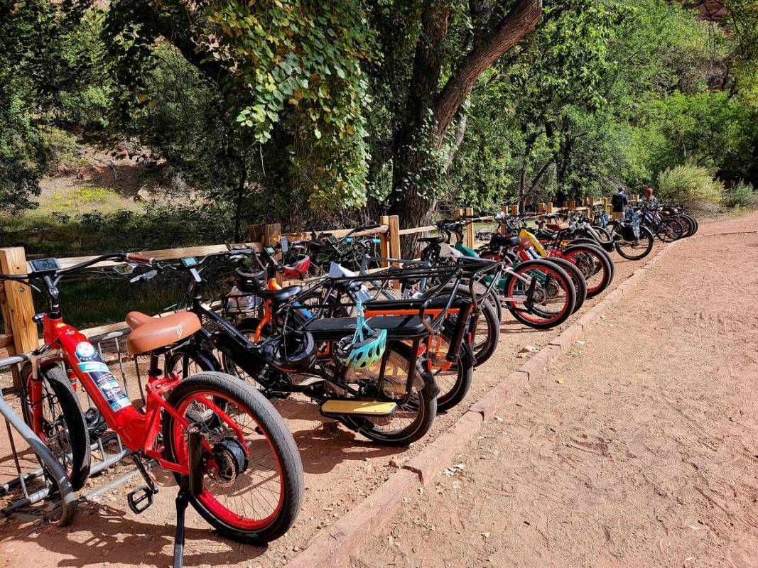 A row of bicycles at Temple of the Sinawava, where visitors can park and walk along a scenic bu ...