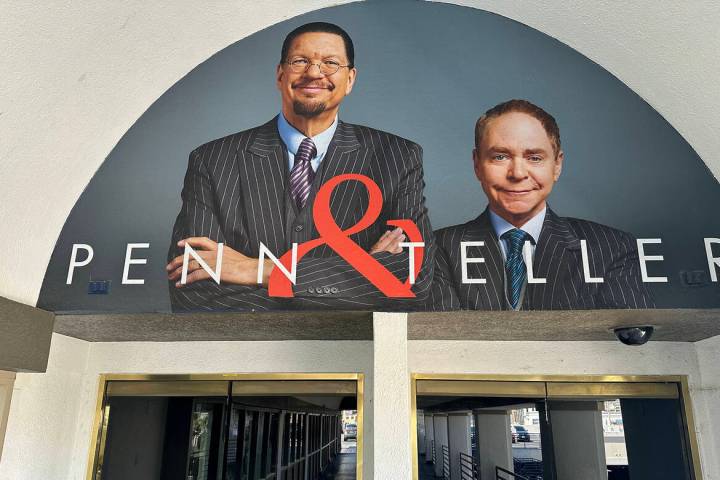The Penn & Teller brand and portrait are shown on the east entrance leading from the Rio's park ...
