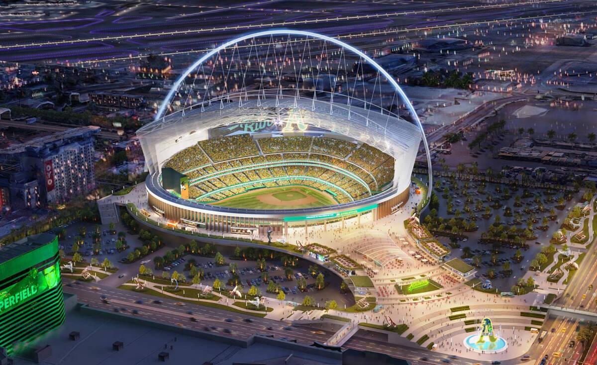 This rendering provided by the Oakland Athletics on May 26, 2023, shows a view of their propose ...