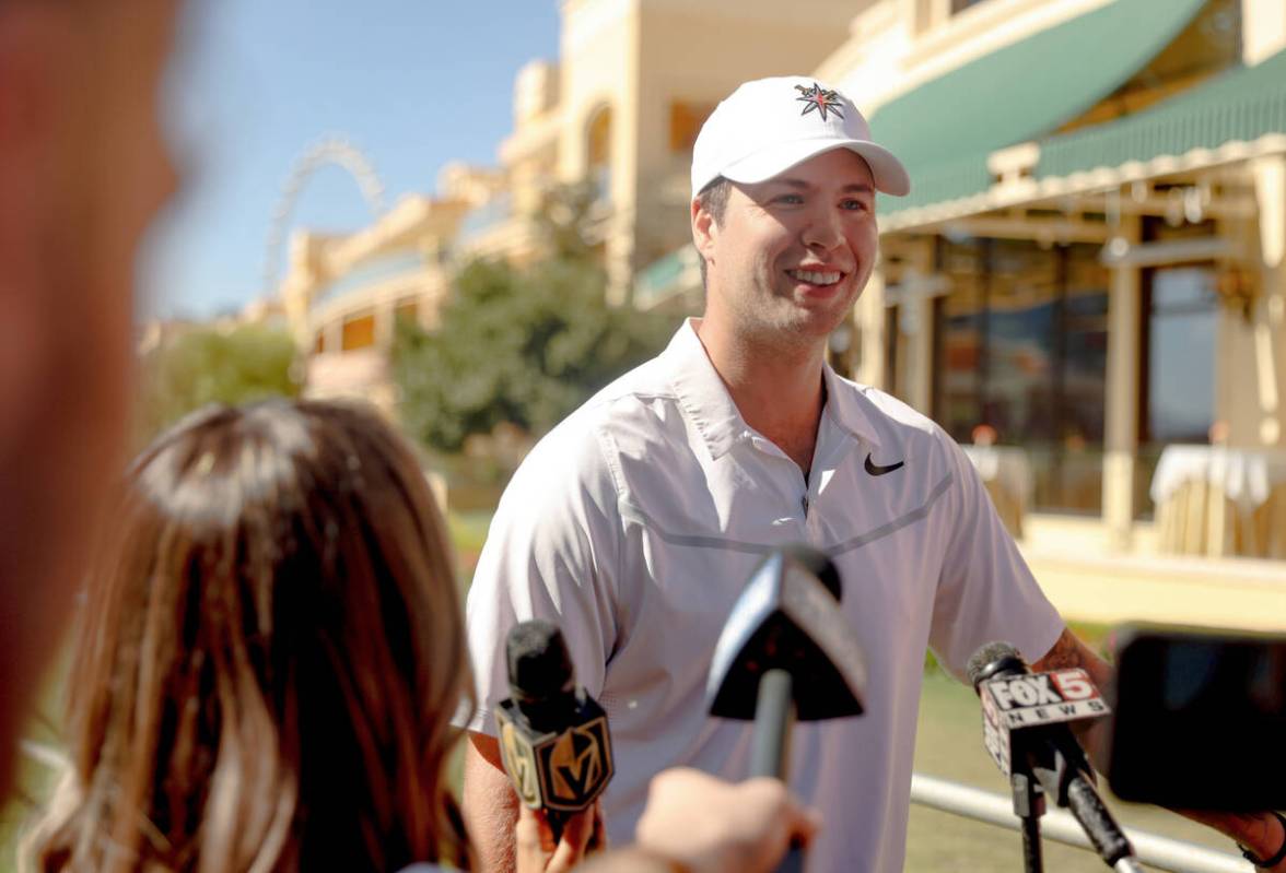 Ben Hutton, defensemen for the Vegas Golden Knights, speaks to the media prior to the annual ch ...