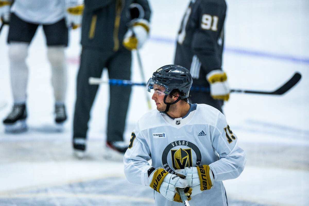 Golden Knights rookie forward Brendan Brisson (19) looks up the ice during practice at City Nat ...