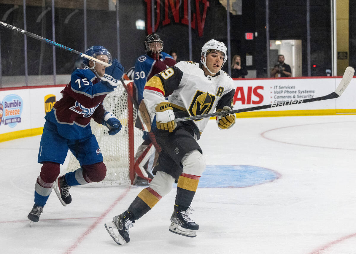 Golden Knights prospect forward Brendan Brisson (19)skates during a rookie camp game against Co ...