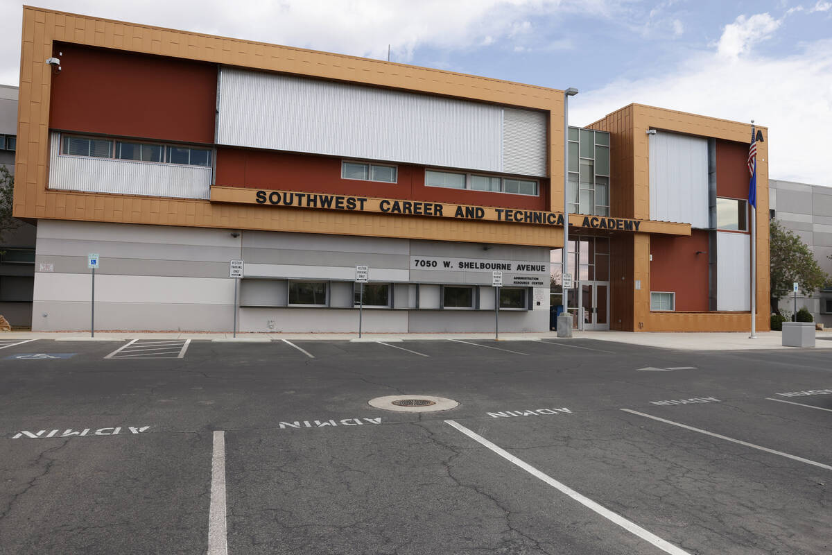 An empty parking lot at Southwest Career and Technical Academy is seen, on Tuesday, Sept. 12, 2 ...