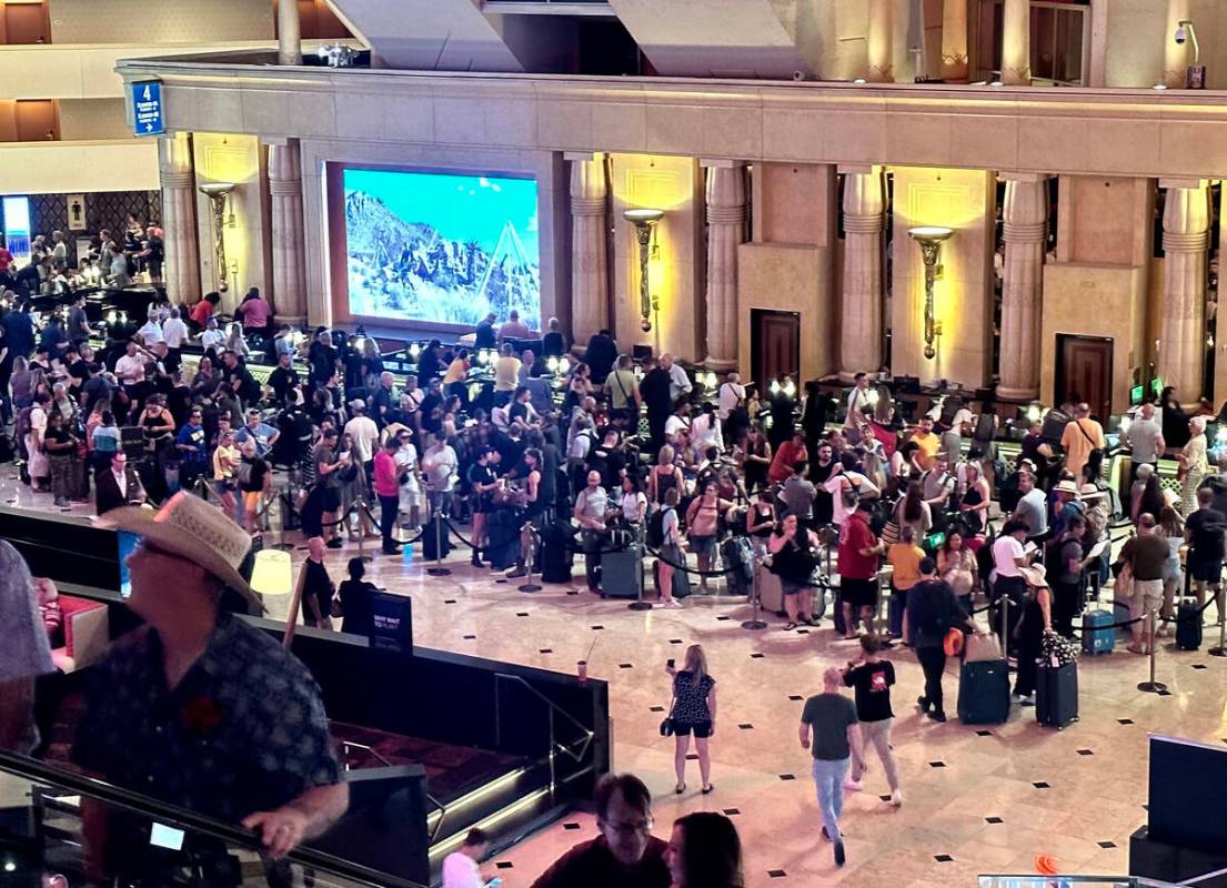 Long lines at the Luxor front desk as guests wait to check-in on Tuesday, Sept. 12, 2023. (L.E. ...