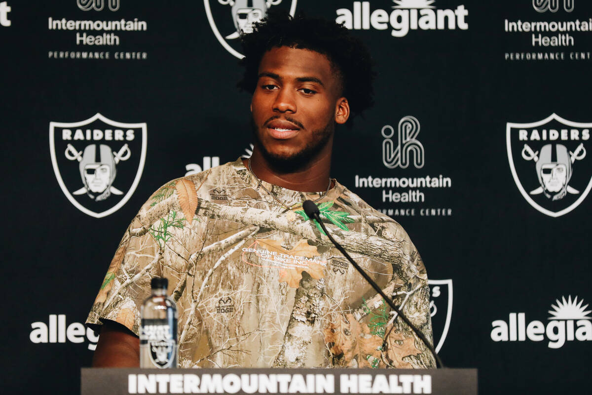 Raiders defensive end Malcolm Koonce speaks the the media during training camp at the Intermoun ...