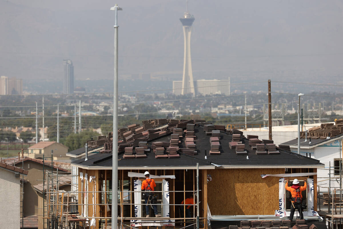 Construction workers build a home in Las Vegas on Sept. 17, 2020. (Erik Verduzco/Las Vegas Revi ...