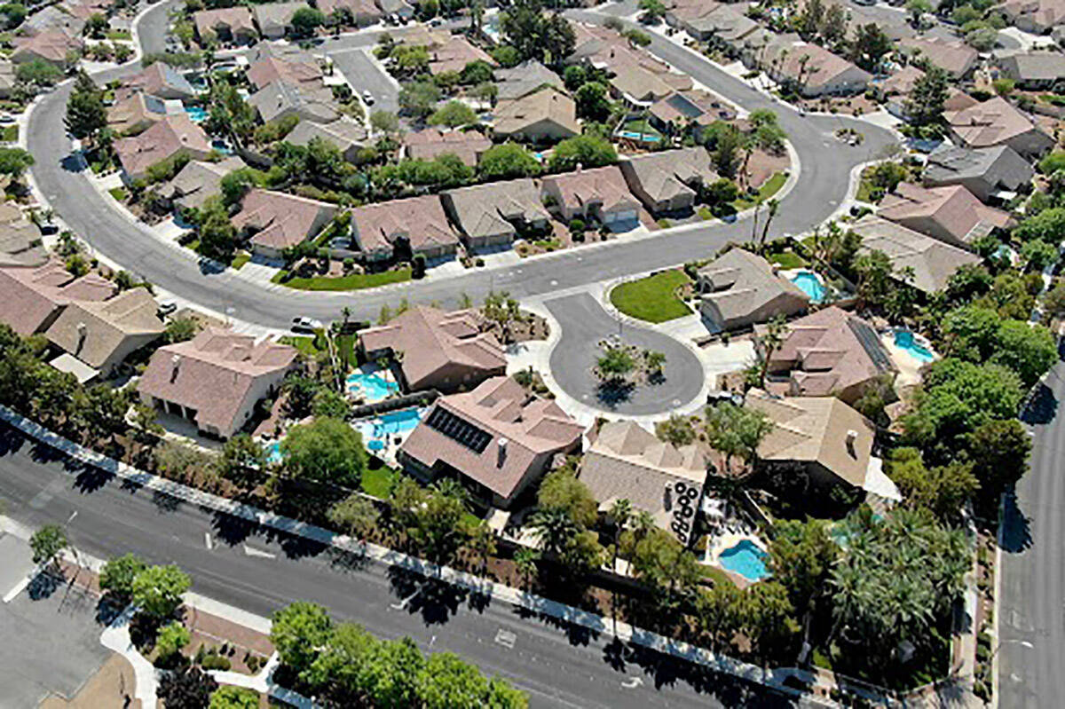 An aerial view of housing near Paseo Verde Parkway and Desert Shadow Trail in Henderson in 2021 ...