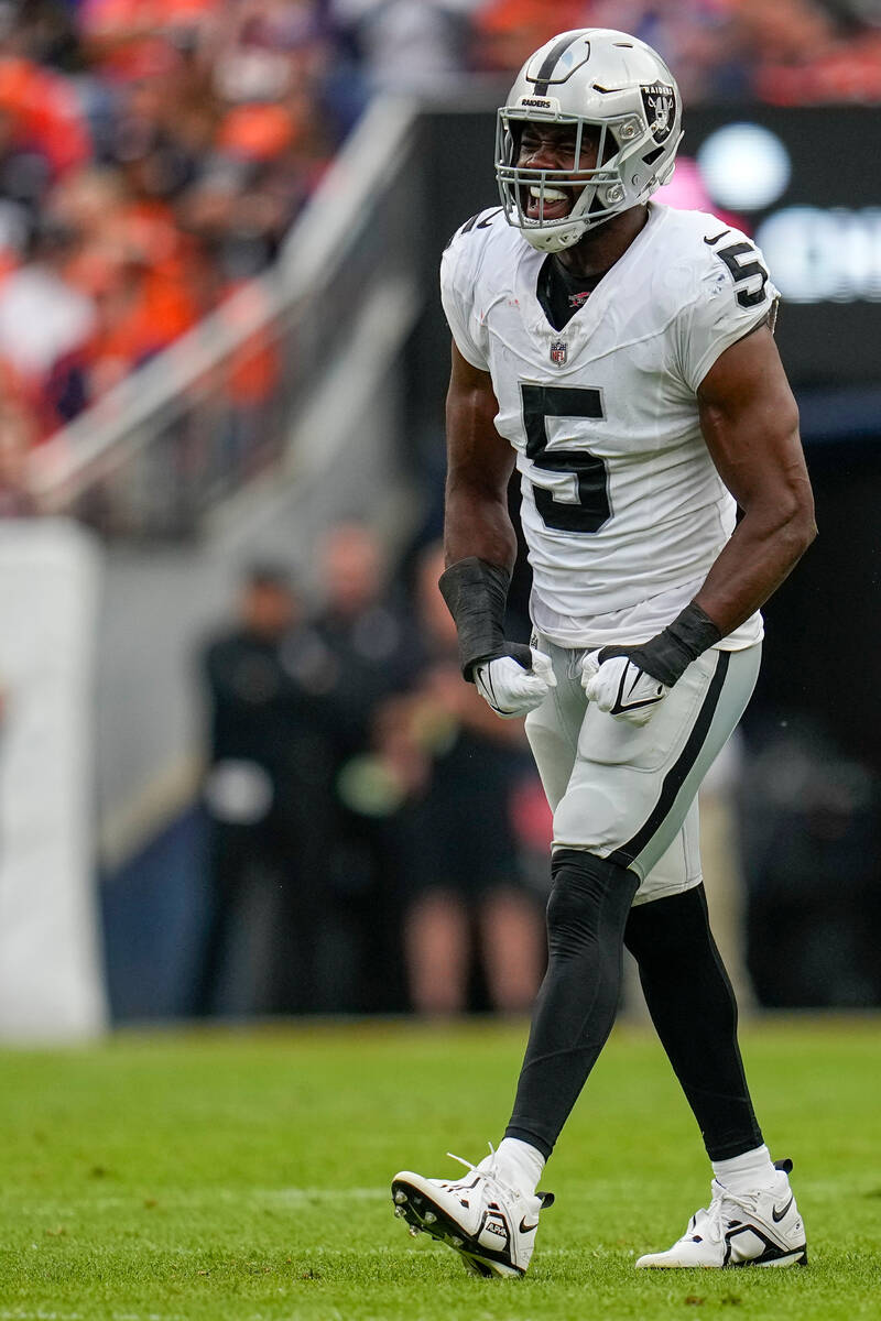 Las Vegas Raiders linebacker Divine Diablo (5) reacts to a stop against the Denver Broncos duri ...