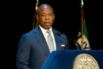 FILE - Mayor Eric Adams speaks during a graduation ceremony at Madison Square Garden, on July 1 ...