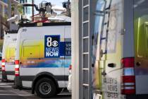KLAS-TV, Channel 8 news trucks are lined up in the broadcast station's parking lot on Wednesday ...