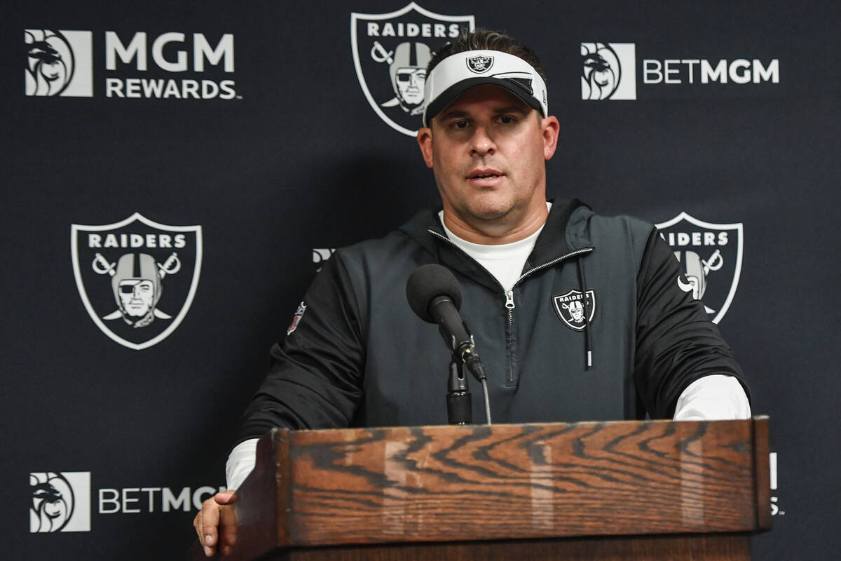 Las Vegas Raiders' head coach Josh McDaniels speaks during a news conference after an NFL footb ...