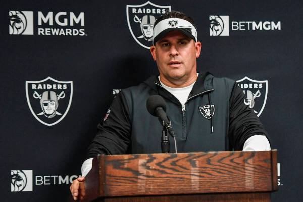 Las Vegas Raiders' head coach Josh McDaniels speaks during a news conference after an NFL footb ...
