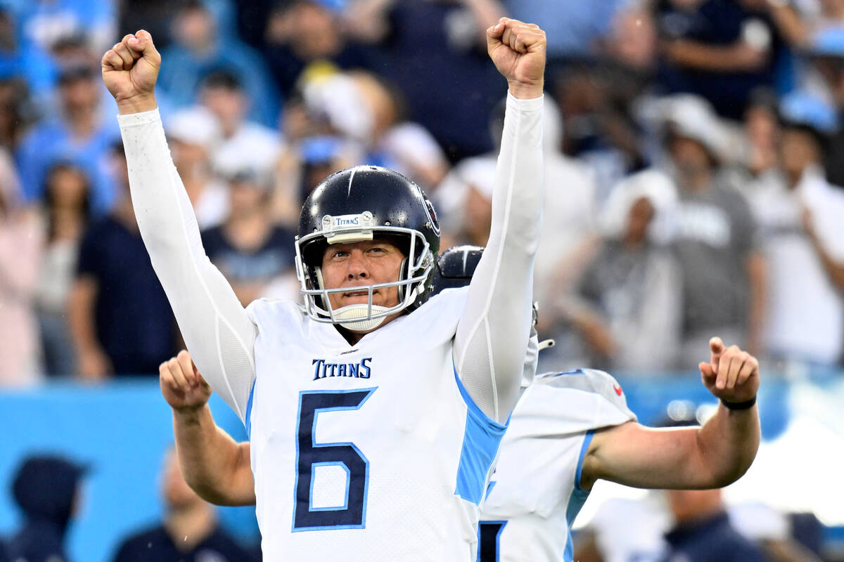 Tennessee Titans place-kicker Nick Folk celebrates after kicking a game-winning field goal duri ...