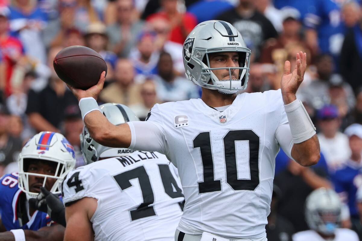 Las Vegas Raiders quarterback Jimmy Garoppolo (10) throws a pass during the first half of an NF ...