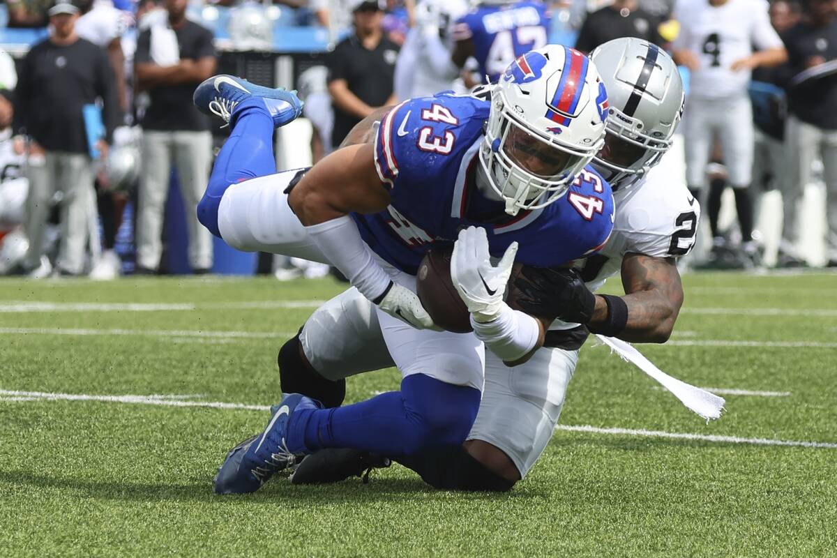 Buffalo Bills linebacker Terrel Bernard (43) intercepts a pass to Las Vegas Raiders' Ameer Abdu ...