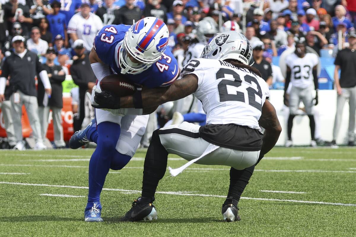 Buffalo Bills linebacker Terrel Bernard (43) intercepts a pass to Las Vegas Raiders' Ameer Abdu ...