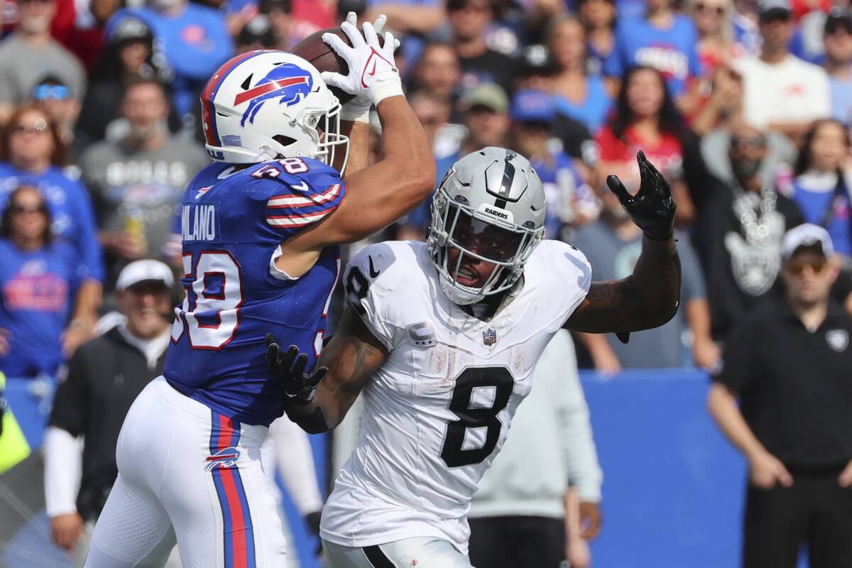 Buffalo Bills linebacker Matt Milano (58) intercepts a pass to Las Vegas Raiders' Josh Jacobs ( ...