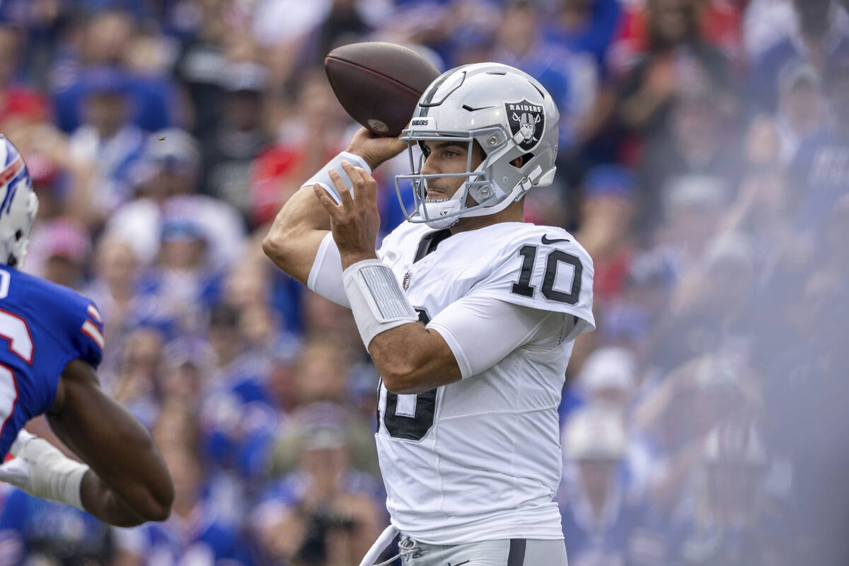 Las Vegas Raiders quarterback Jimmy Garoppolo (10) throws a pass during an NFL football game, S ...