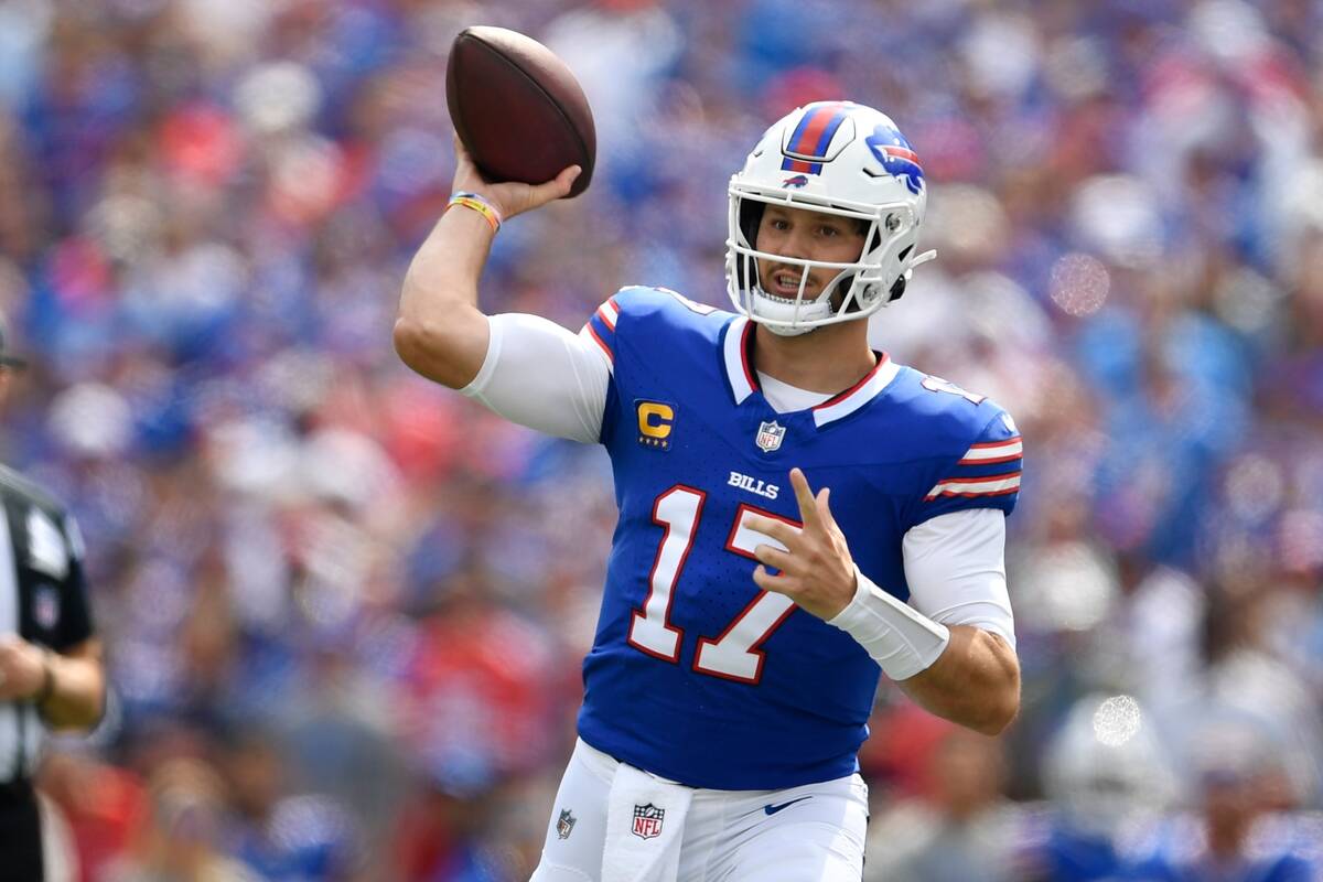 Buffalo Bills quarterback Josh Allen (17) throws a pass during the first half of an NFL footbal ...