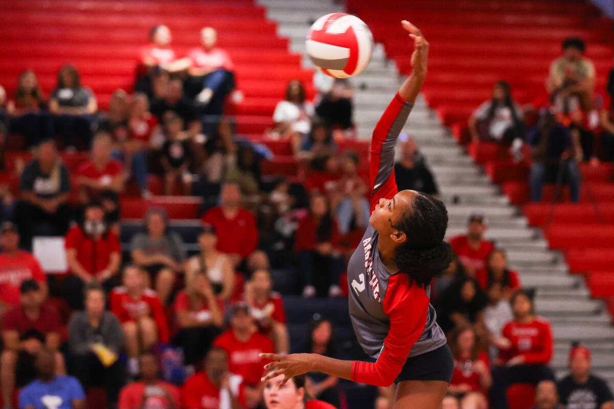 Arbor View’s Cameron Reese (2) spikes the ball during a volleyball game between Arbor Vi ...