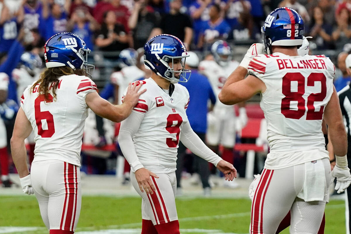 New York Giants place kicker Graham Gano (9) celebrates after kicking a field goal against the ...