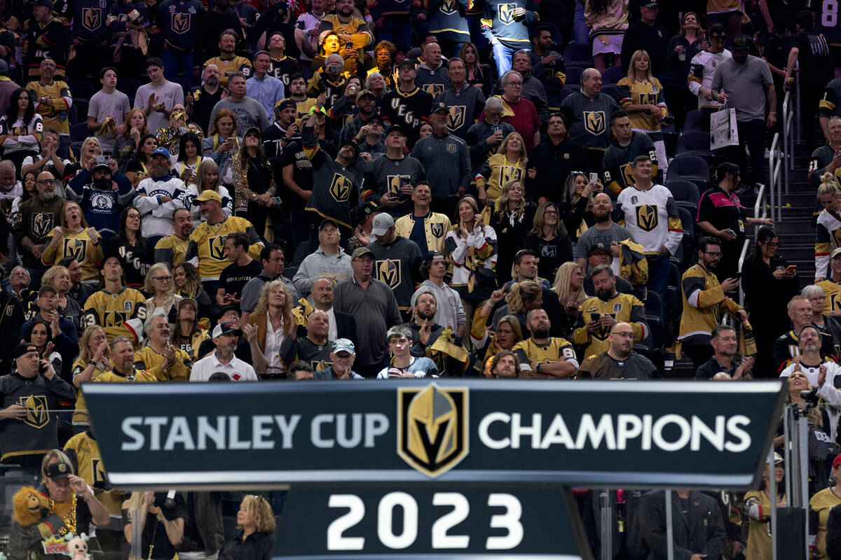 Golden Knights fans pack the stands while their team celebrates on the ice after winning the NH ...