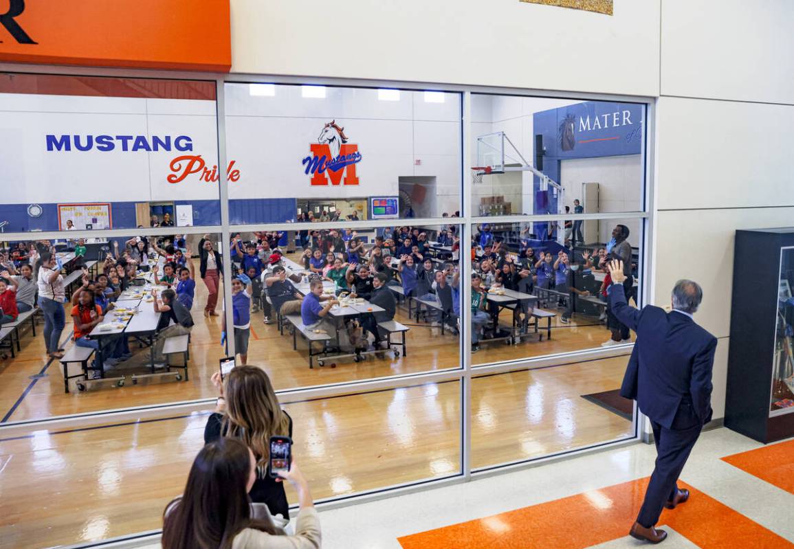 Students wave to Gov. Joe Lombardo as he leaves Mater Academy Mountain Vista in Las Vegas, Thur ...