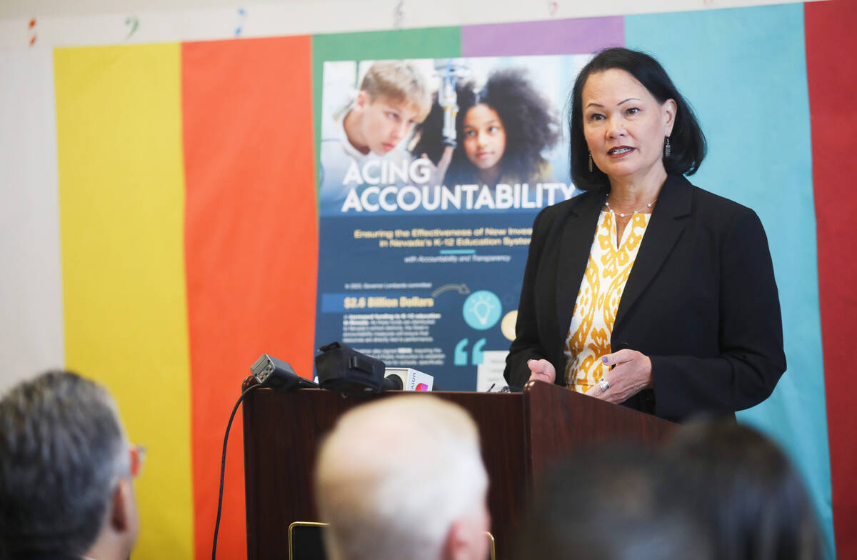 Nevada Superintendent of Public Instruction Jhone Ebert addresses the crowd at a press conferen ...