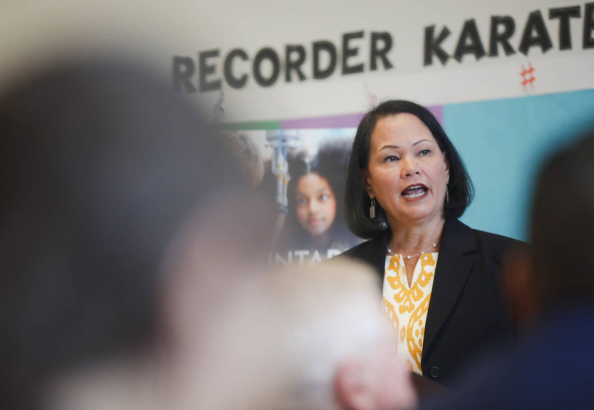 Nevada Superintendent of Public Instruction Jhone Ebert addresses the crowd at a press conferen ...