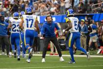 Los Angeles Rams head coach Sean McVay greets his players during an NFL football game against t ...