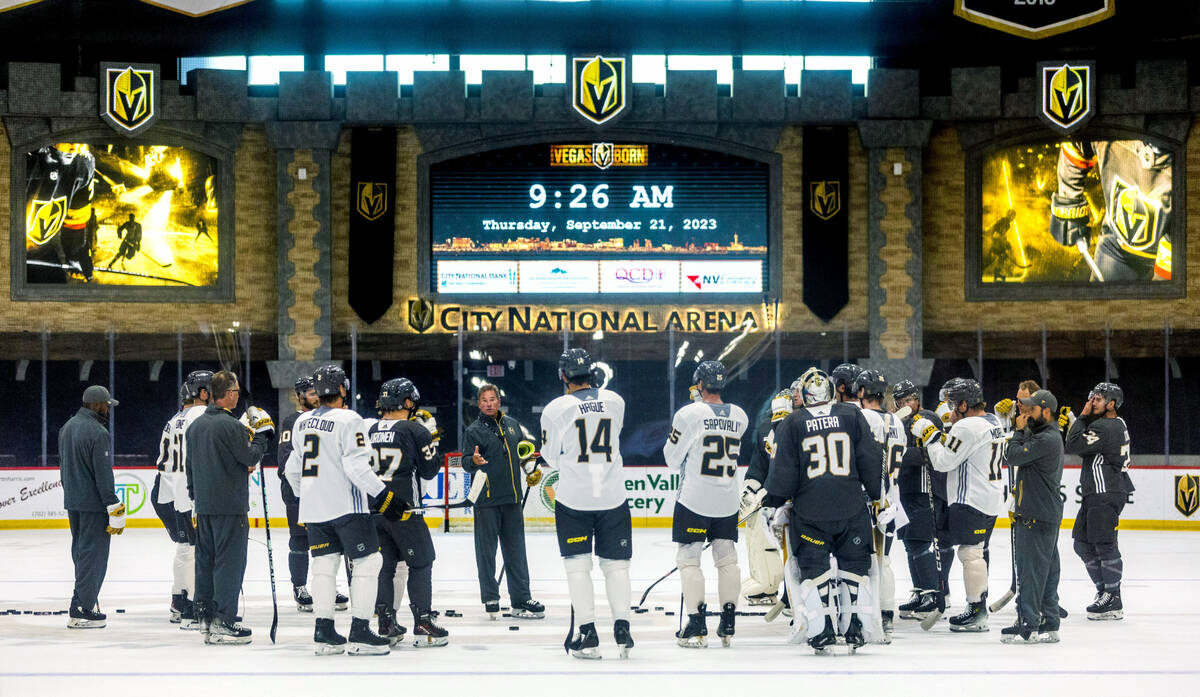 Golden Knights head coach Bruce Cassidy instructs his players during their first training camp ...