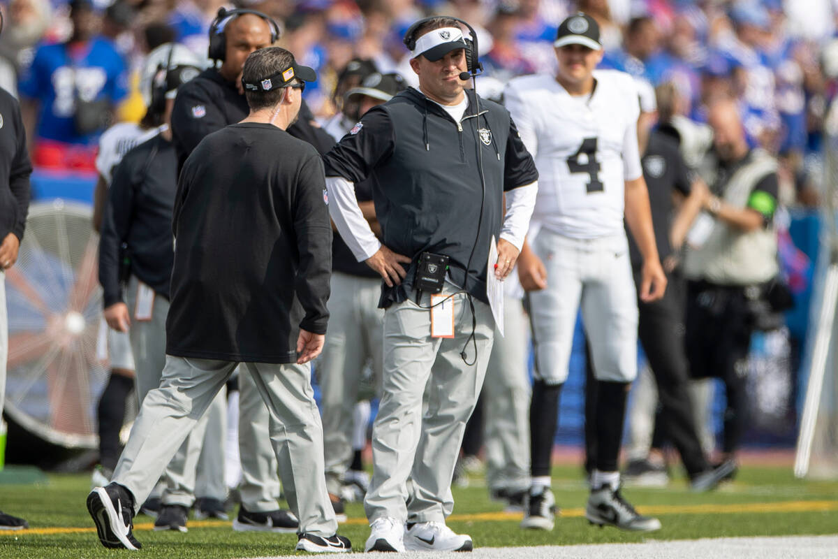 Raiders head coach Josh McDaniels looks on from the sideline during the second half of an NFL g ...