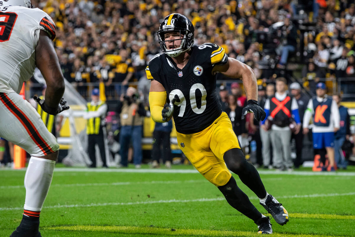 Pittsburgh Steelers linebacker T.J. Watt (90) defends during an NFL football game, Monday, Sept ...