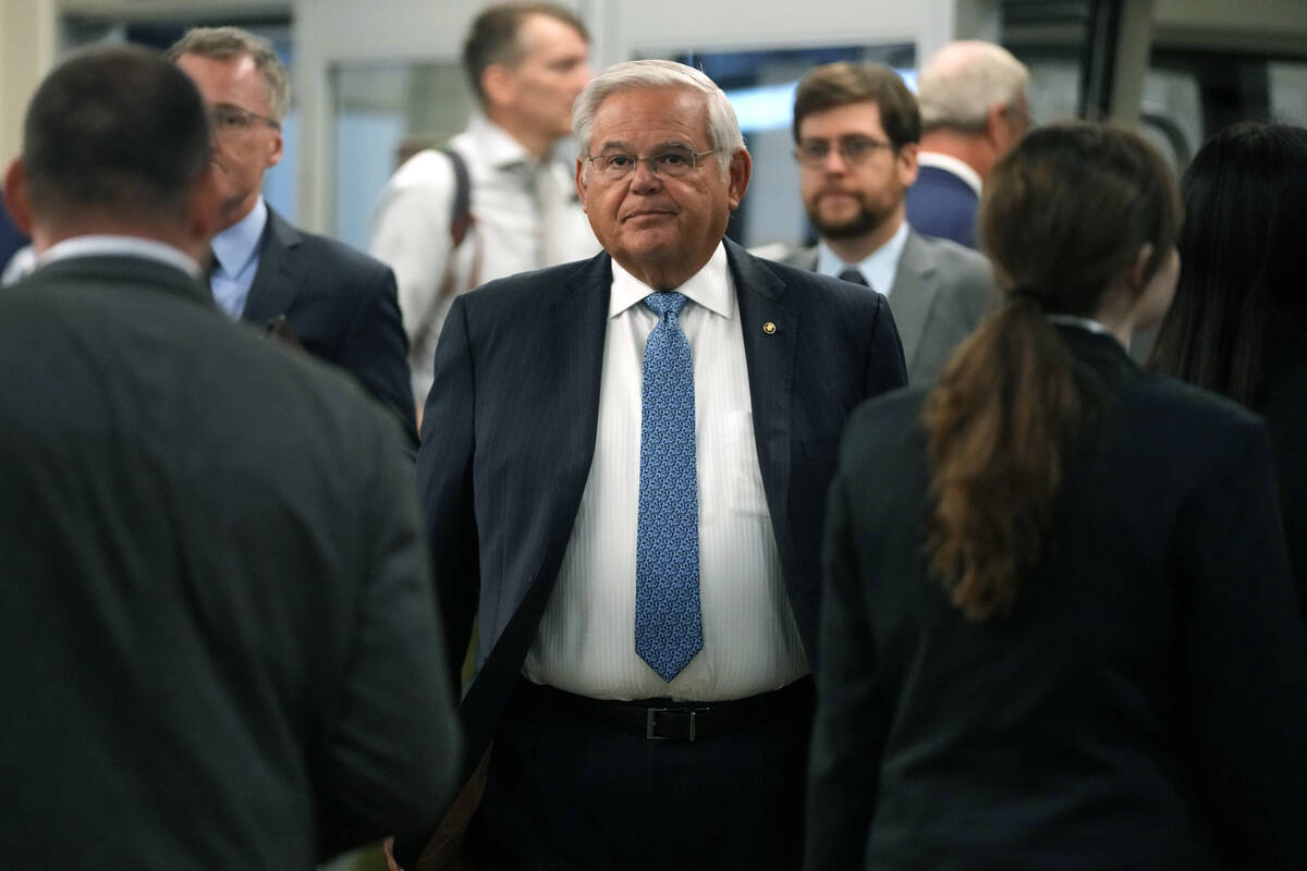 Sen. Bob Menendez, D-N.J., arrives for a vote on Capitol Hill, Wednesday, Sept. 6, 2023 in Wash ...