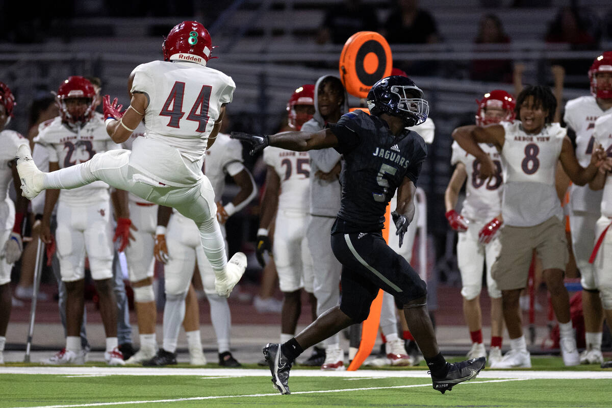 Arbor View linebacker Andrew Rezinas (44) catches an interception intended for Desert Pines run ...