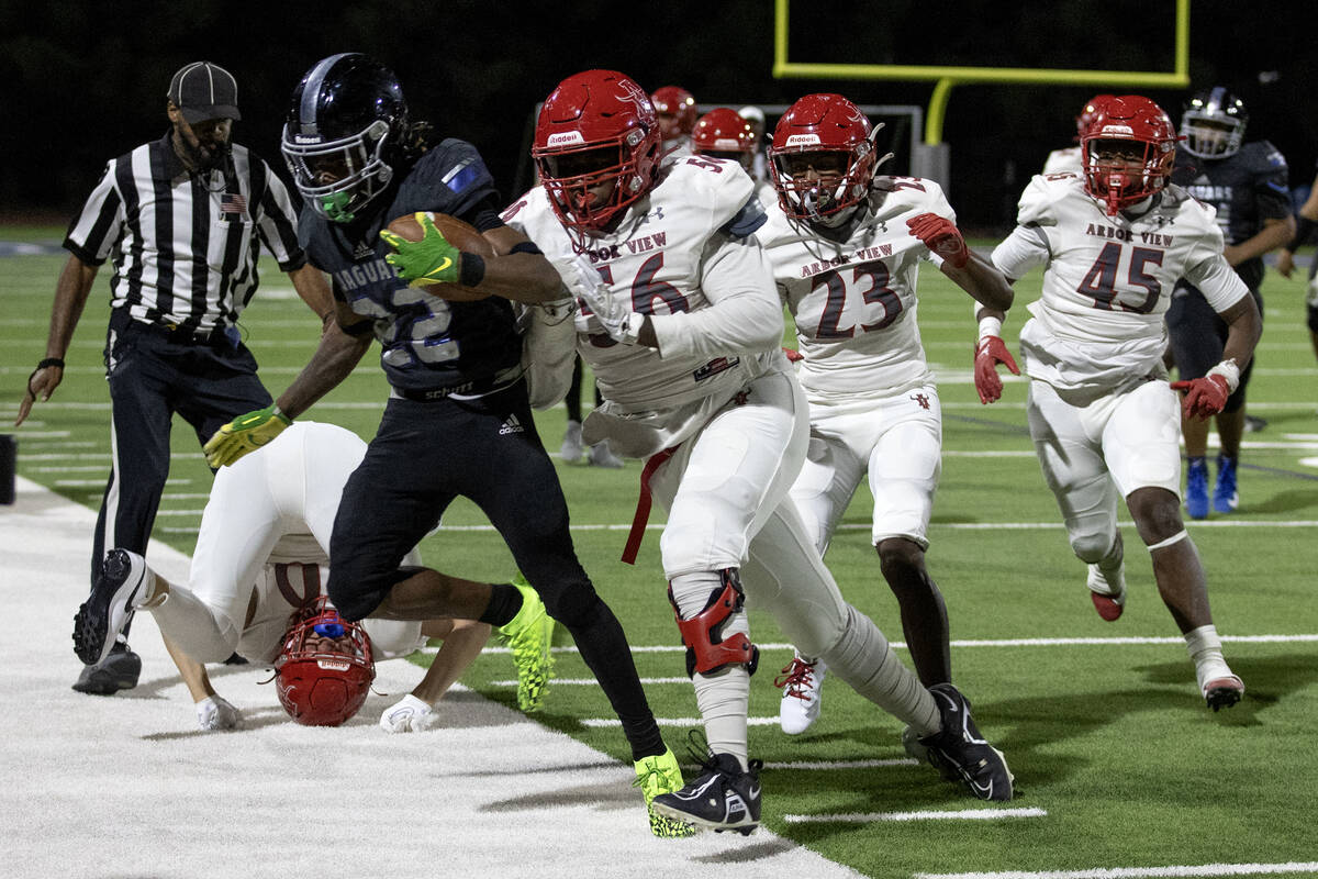 Desert Pines wide receiver Trey Jackson (22) is forced out of bounds by Arbor View defensive ta ...