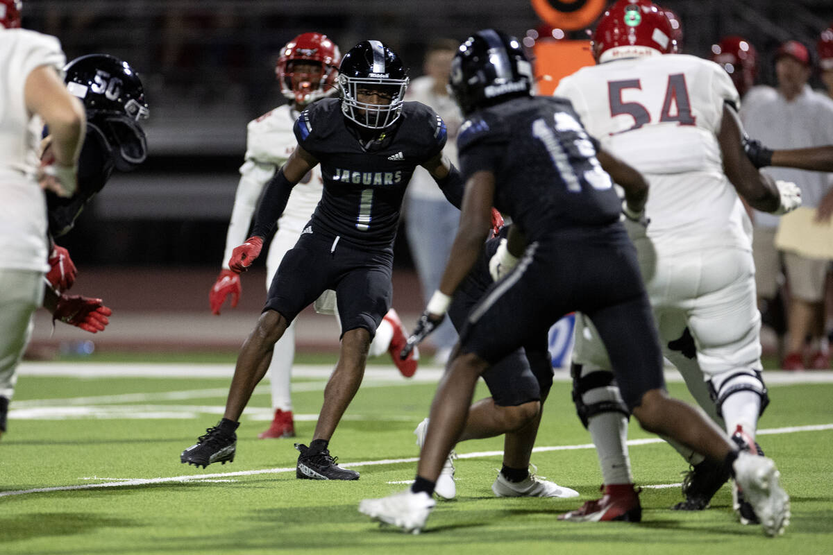 Desert Pines free safety Jaylen Allen (1) reads Arbor View’s offense during the second h ...