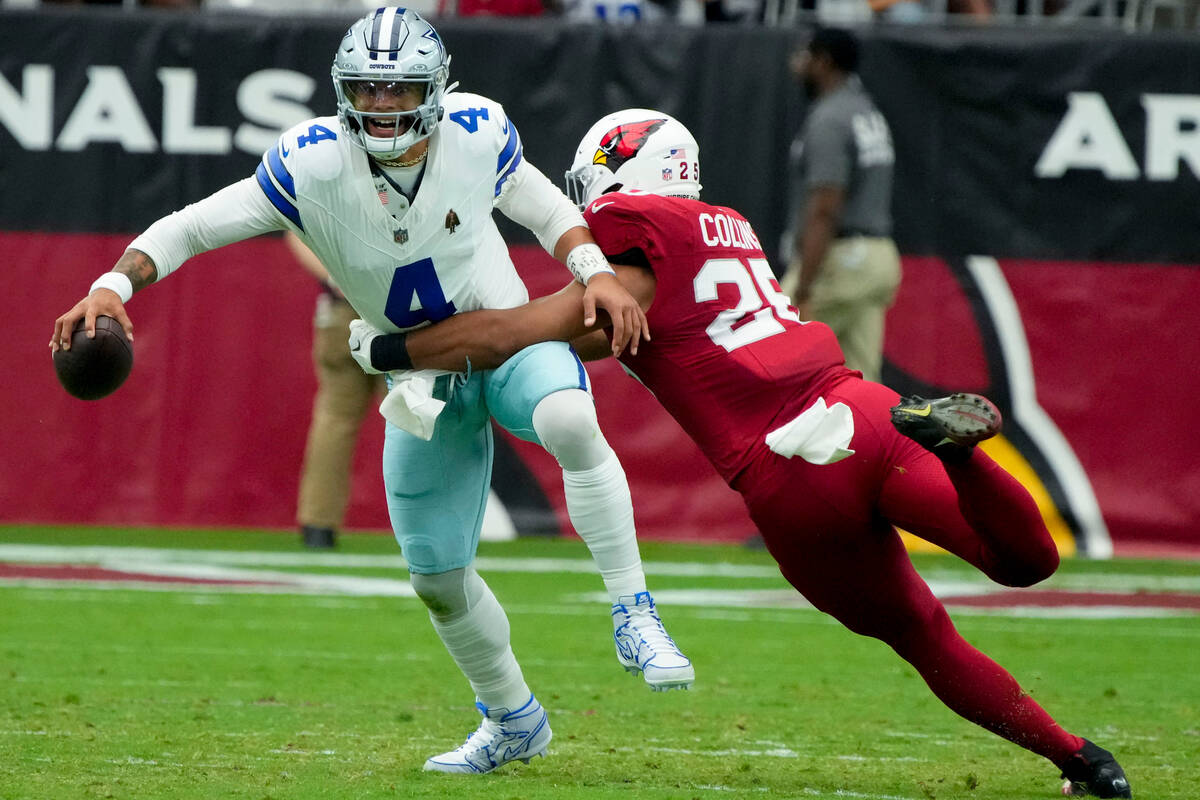 Arizona Cardinals linebacker Zaven Collins (25) sacks Dallas Cowboys quarterback Dak Prescott ( ...