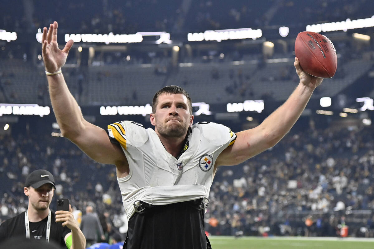 Pittsburgh Steelers linebacker T.J. Watt walks off the field after a win over the Las Vegas Rai ...