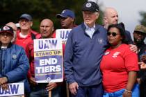 President Joe Biden joins striking United Auto Workers on the picket line, Tuesday, Sept. 26, 2 ...