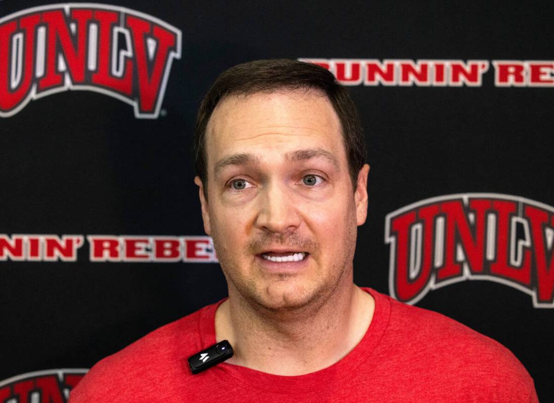 UNLV's men's basketball head coach Kevin Kruger addresses the media after team practice, on Wed ...