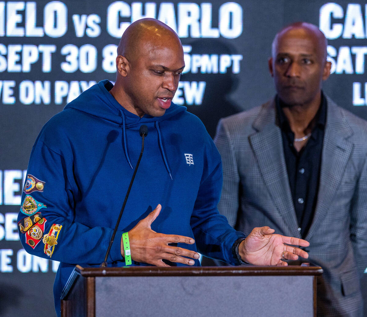 Trainer Derrick James speaks about his boxer Jermell Charlo during a final press conference wit ...