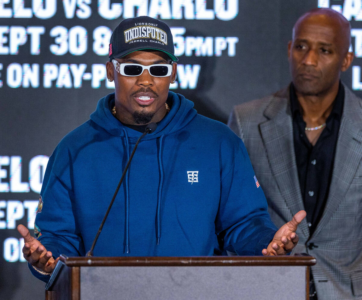 Boxer Jermell Charlo speaks about the upcoming fight with opponent Canelo Alvarez during a fina ...